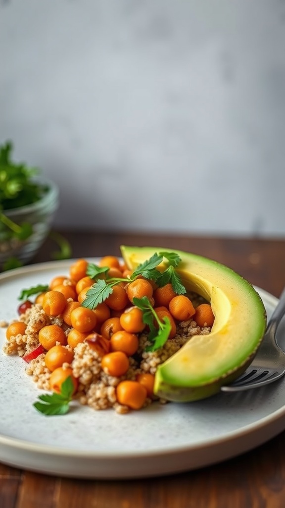 A nutritious and colorful spicy chickpea and quinoa bowl garnished with avocado and cilantro.