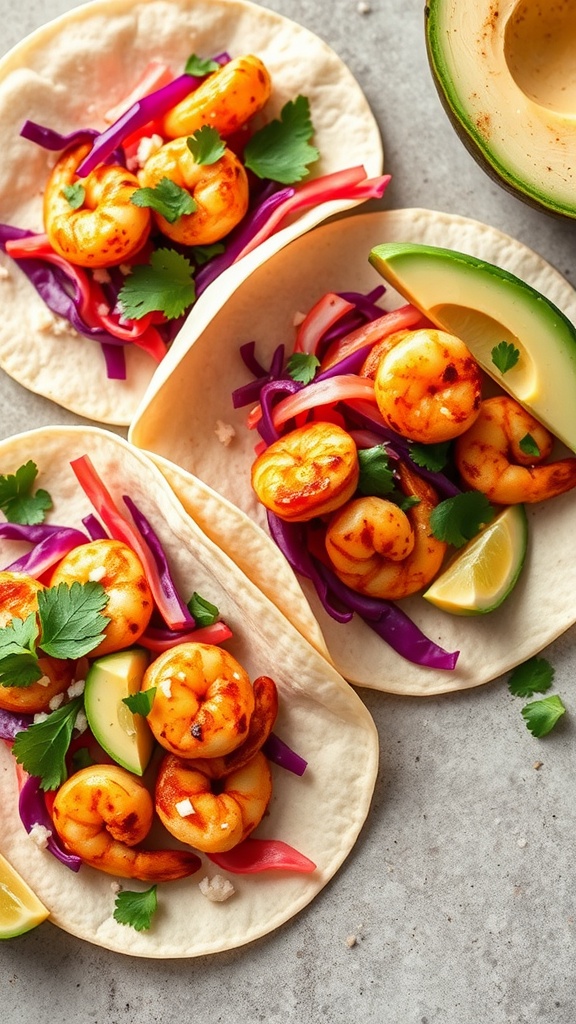 Spicy shrimp tacos with cabbage slaw and fresh toppings
