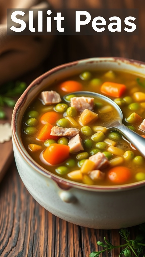 A hearty bowl of split pea soup with ham and vegetables