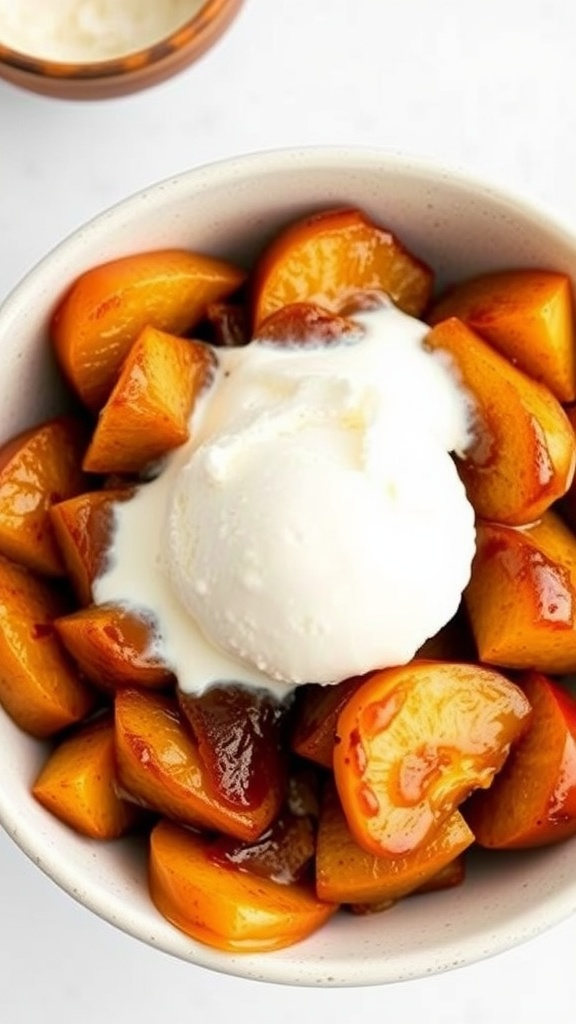 A bowl of sweet air fryer cinnamon apples topped with a scoop of ice cream