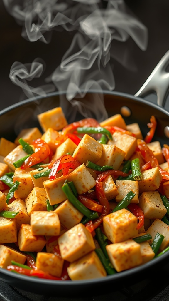 Tofu stir-fry with colorful vegetables in a pan