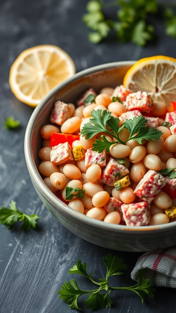 A bowl of tuna and white bean salad with fresh herbs and lemon slices