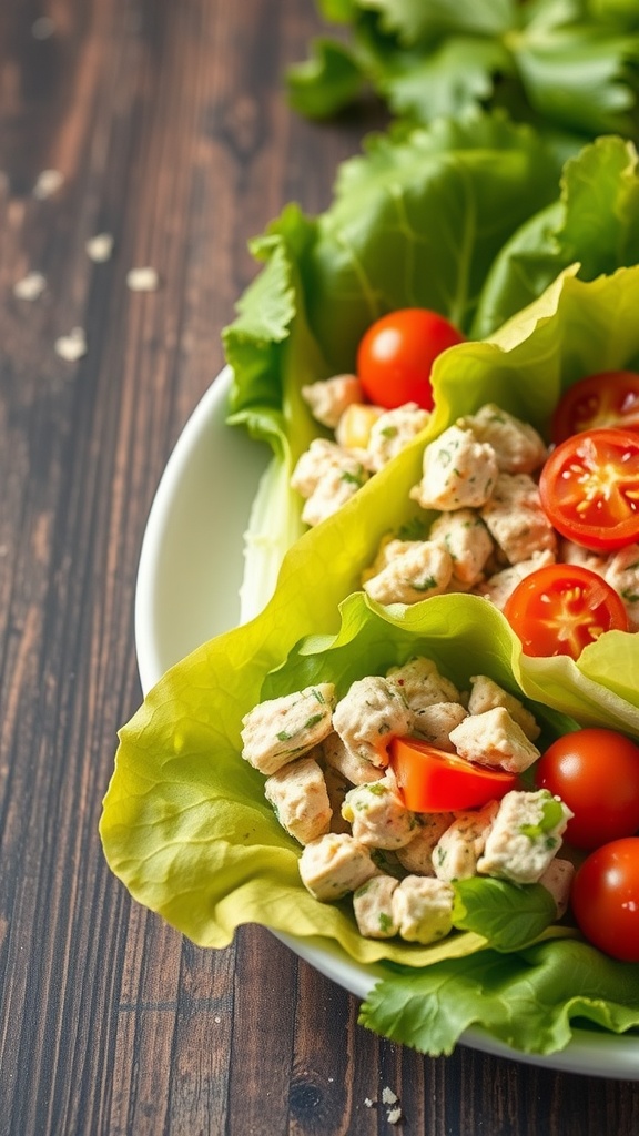 Tuna salad in lettuce wraps with cherry tomatoes on a plate