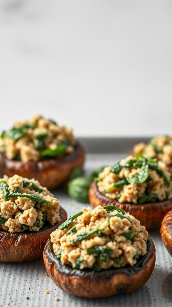 Turkey and spinach stuffed portobello mushrooms ready to serve.