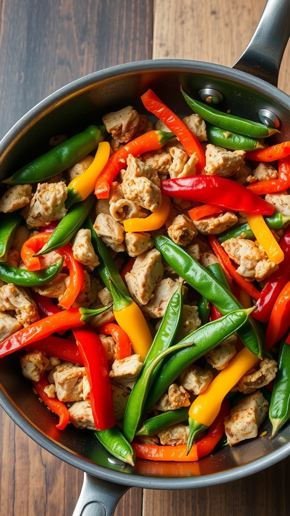 Colorful turkey and vegetable stir-fry in a skillet