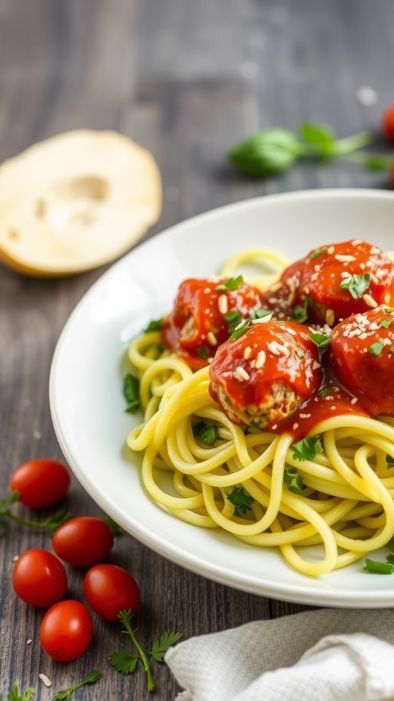 A plate of zucchini noodles topped with turkey meatballs and marinara sauce, garnished with fresh herbs.