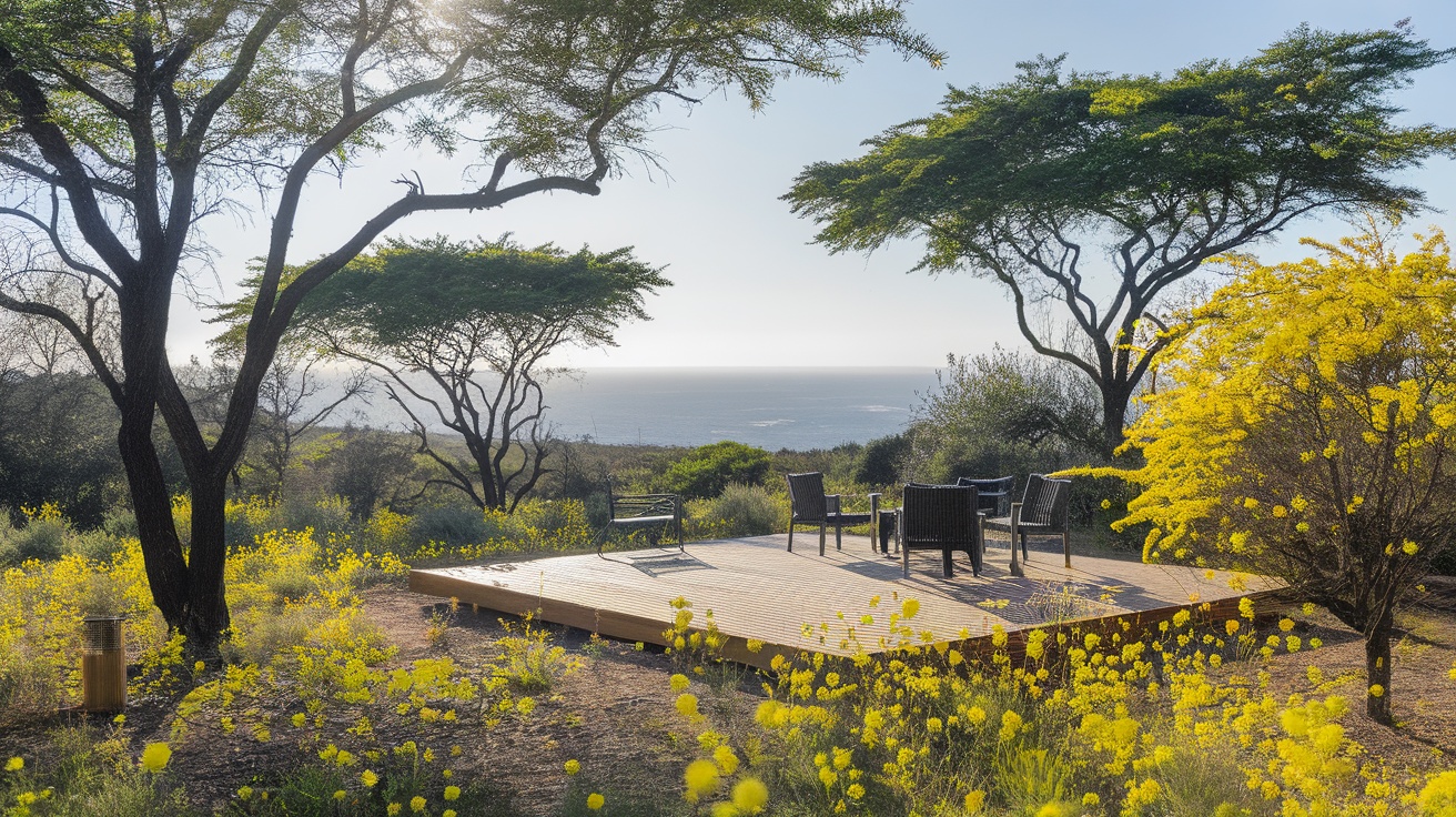 A peaceful reflection space in the African savanna with seating and wildflowers.
