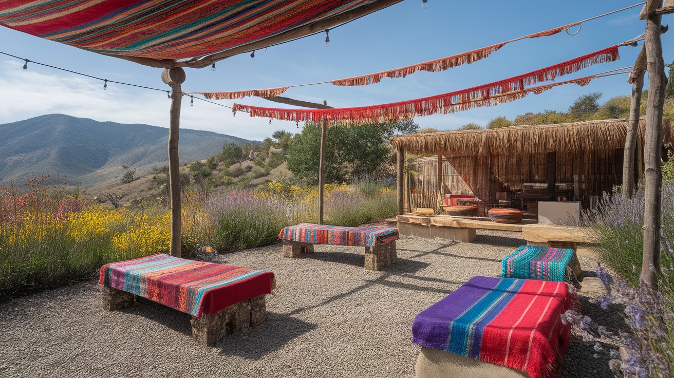 A colorful outdoor seating area in the Andes with mountains in the background.