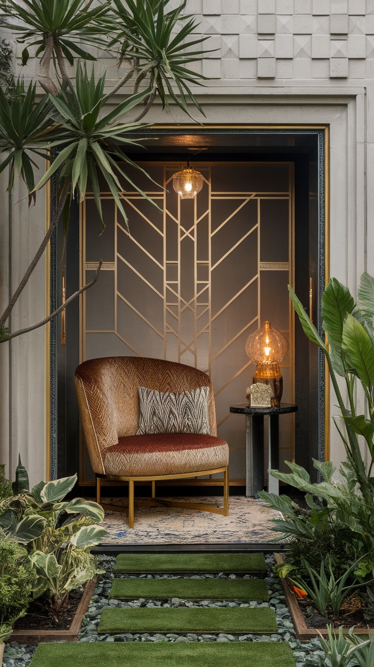 Art Deco meditation nook featuring a stylish chair, decorative lamp, and lush plants.