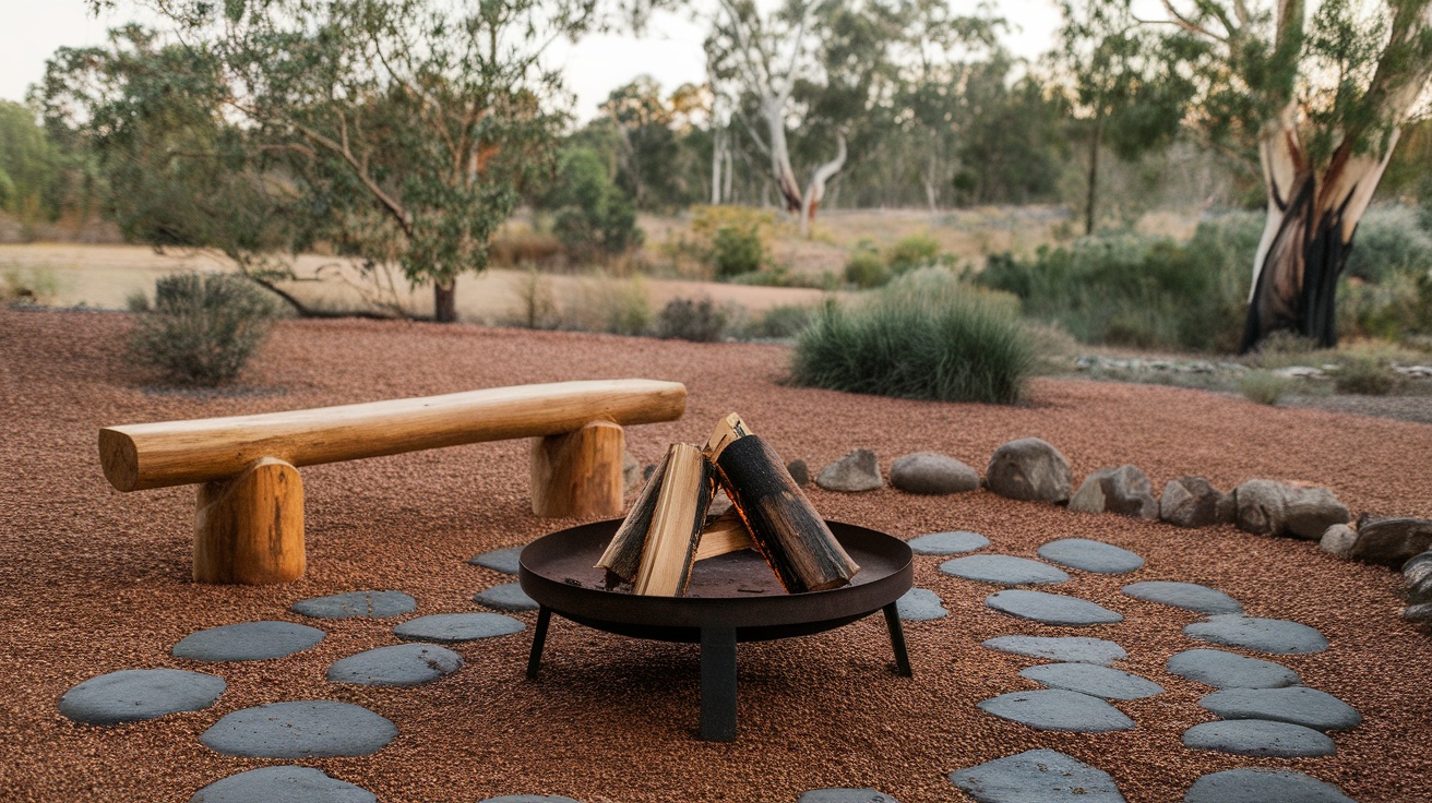 A serene backyard scene featuring a fire pit, wooden bench, and natural landscape with trees.