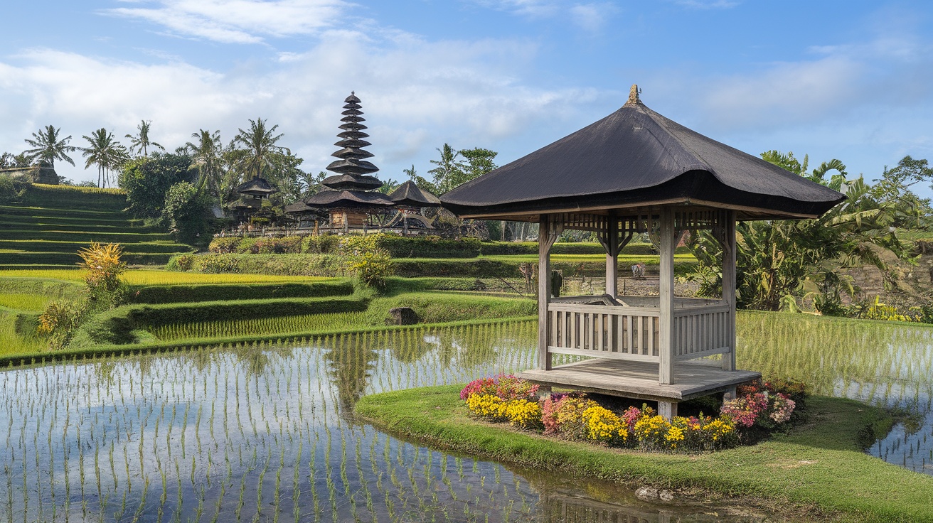 A serene view of Balinese rice fields with a gazebo and traditional architecture