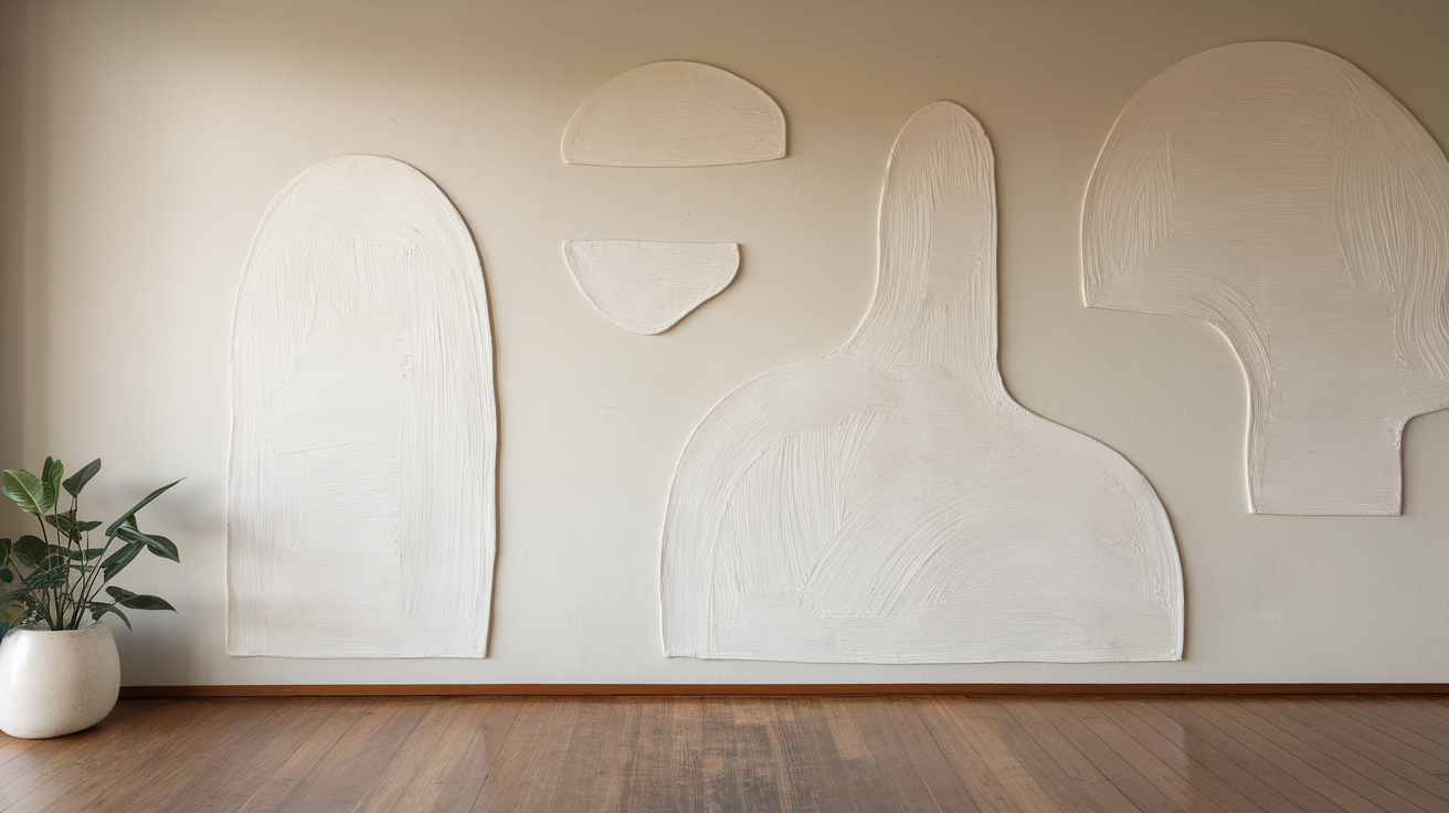 Textured white wall art featuring geometric shapes on a soft background.
