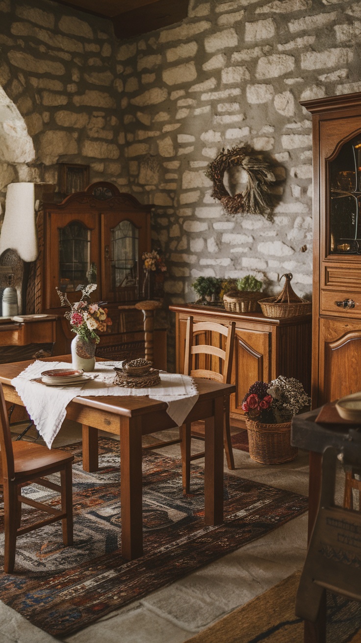 Cozy Celtic nature retreat with wooden furniture, a decorative wreath, and rustic decor.