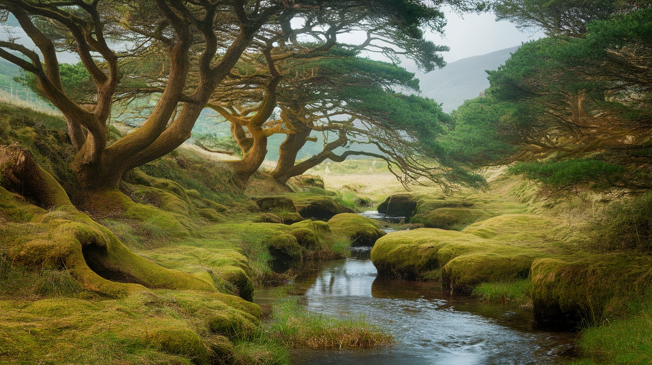 A tranquil Celtic woodland with trees and a stream, promoting peace and mindfulness.