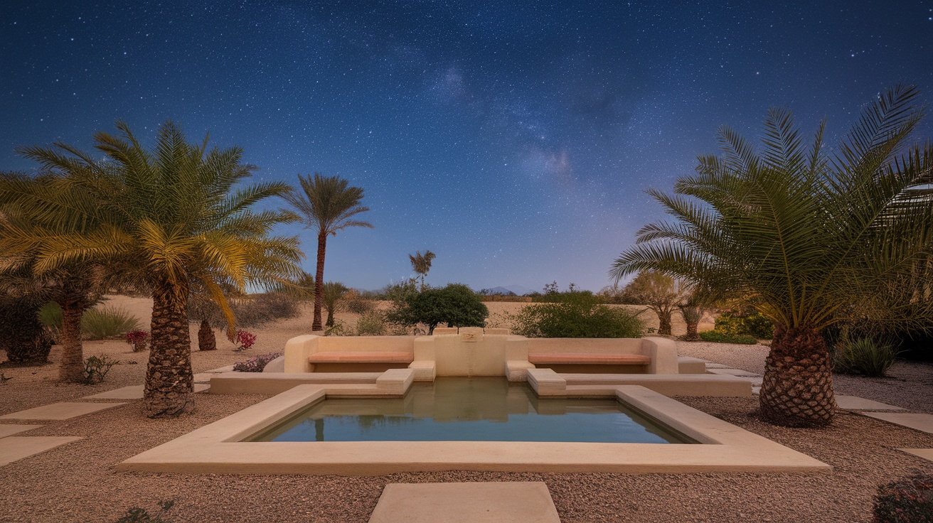 A tranquil desert oasis with a small pool, surrounded by palm trees under a starry sky.