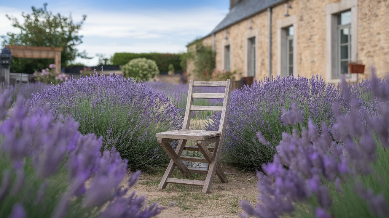 A wooden chair surrounded by blooming lavender in a field.