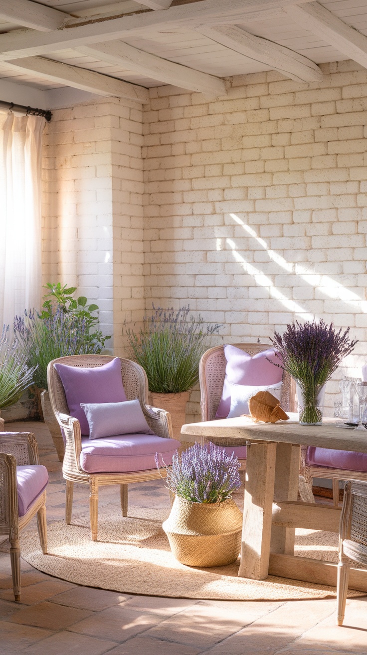 A calm French Provencal space with lavender plants, light-colored furniture, and natural textures.