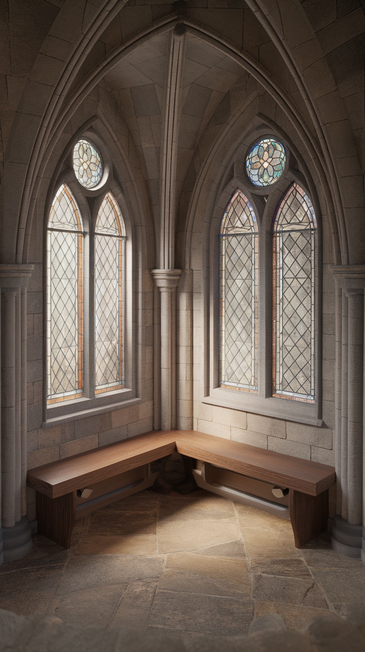 A serene corner of a Gothic cathedral featuring stained glass windows and a wooden bench.