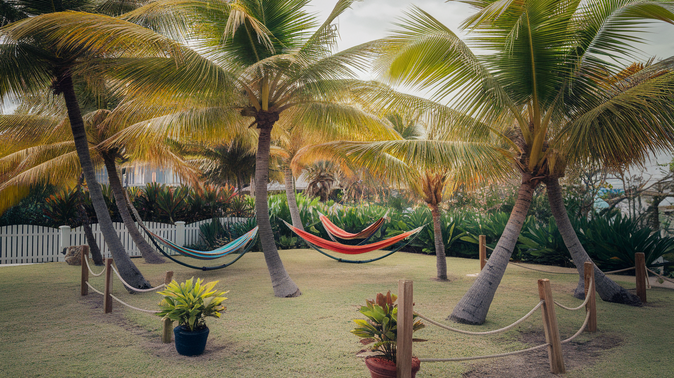 Colorful hammocks strung between palm trees by the ocean.