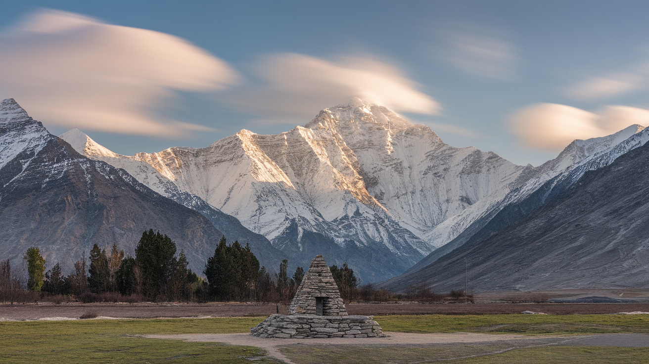 A breathtaking view of the Himalayan mountains, showcasing snow-capped peaks and a clear sky.
