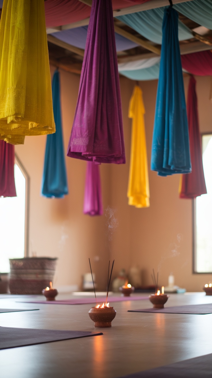 A colorful Indian yoga studio with hanging drapes and incense.