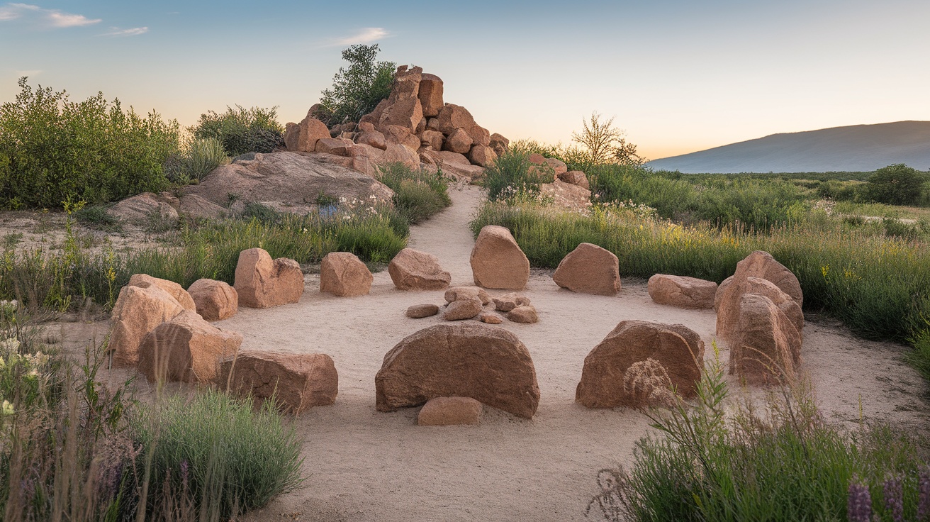 A peaceful outdoor space with a circular arrangement of stones, surrounded by greenery and a mountain backdrop.