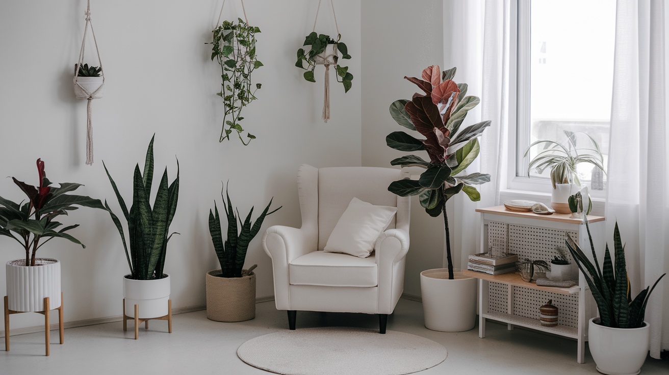A cozy white-themed room with various indoor plants, a comfortable armchair, and natural light.