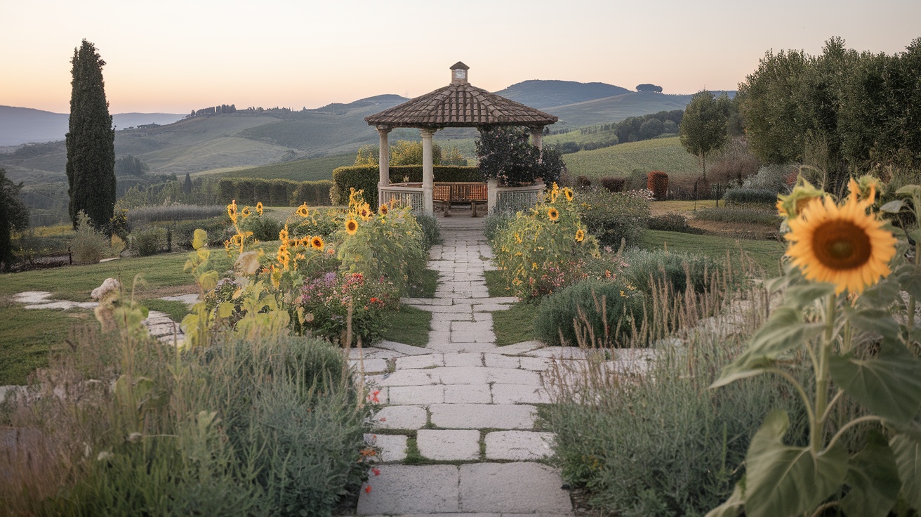 A serene Italian villa garden with sunflowers and a gazebo amidst rolling hills.