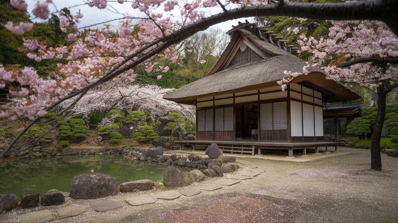 A tranquil Japanese tea house surrounded by cherry blossoms and greenery.
