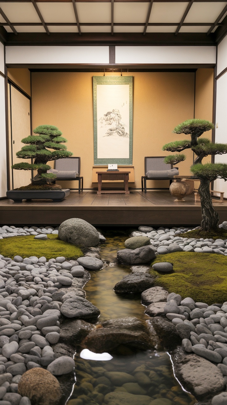 Japanese Zen garden room featuring a stone path, greenery, and a calming atmosphere.
