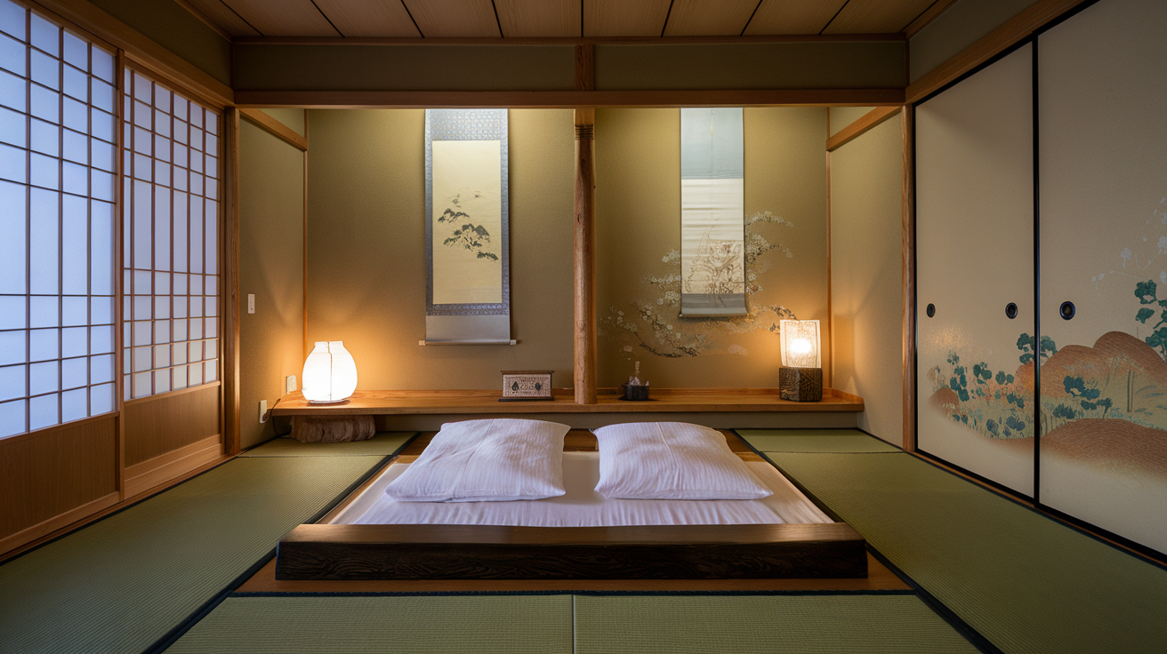 A serene Japanese bedroom with a low bed, tatami mats, and sliding doors