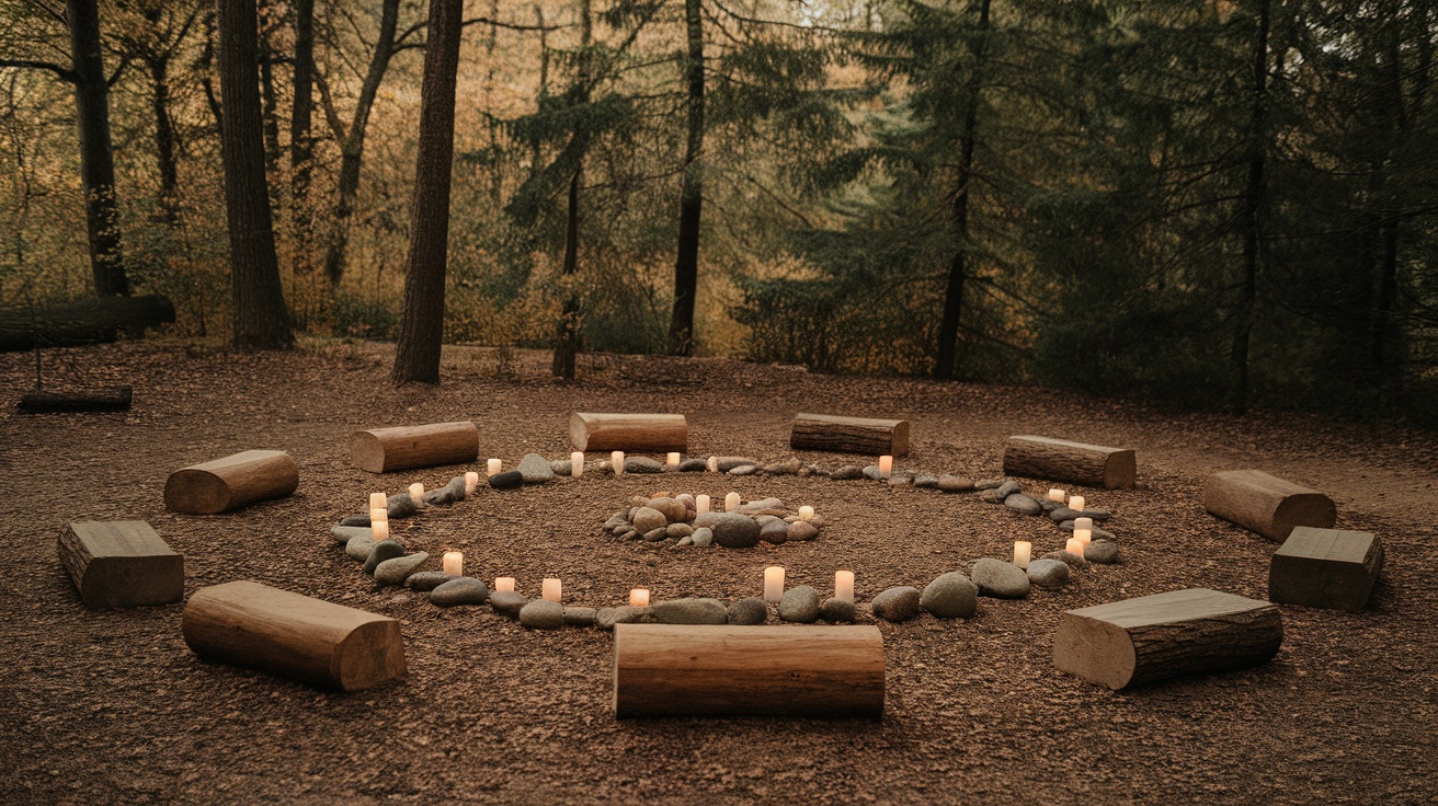 A serene meditation circle in a forest, featuring logs, stones, and candles arranged in a spiral.