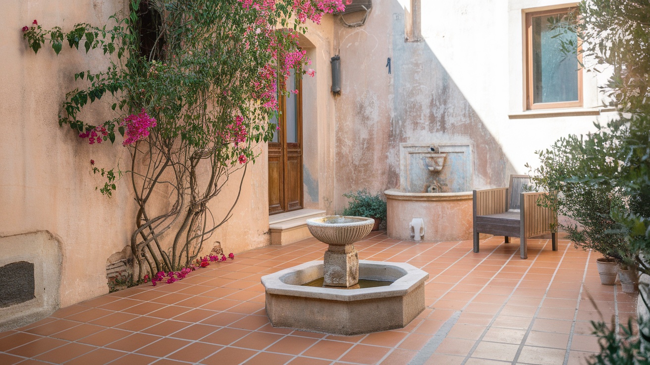 Mediterranean courtyard with a fountain and blooming flowers.