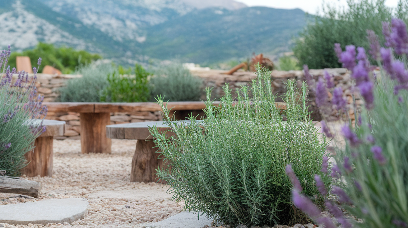 A peaceful Mediterranean herb garden with a wooden bench surrounded by rosemary and lavender.
