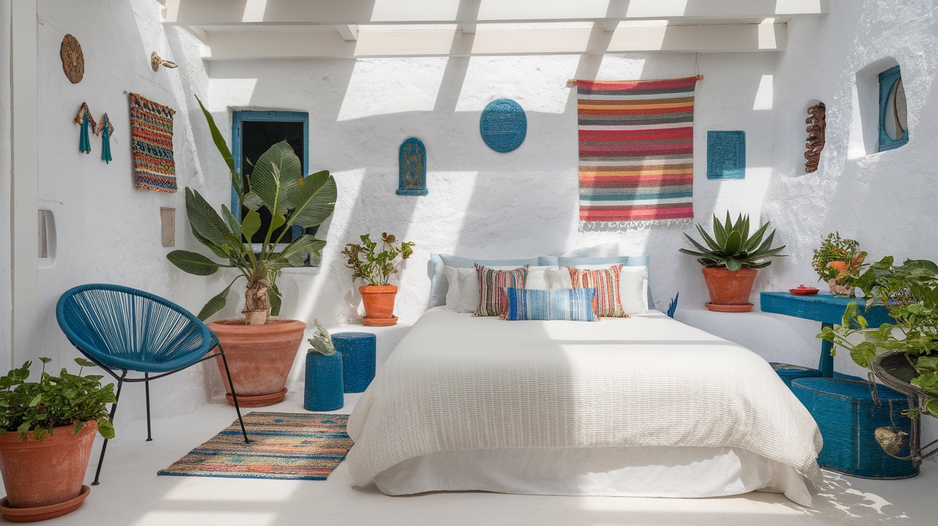 Cozy Mediterranean-inspired bedroom with plants, colorful pillows, and natural light.