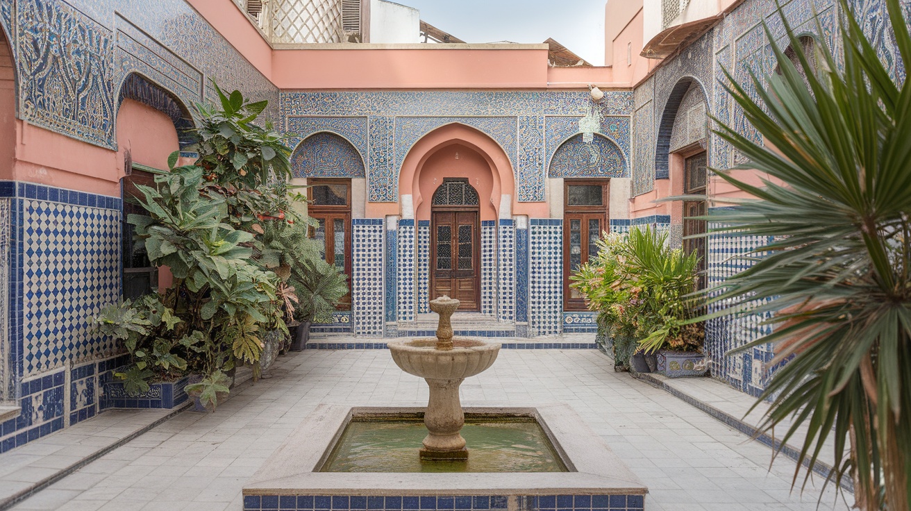 Middle Eastern courtyard with mosaic tiles, a fountain, and lush greenery.