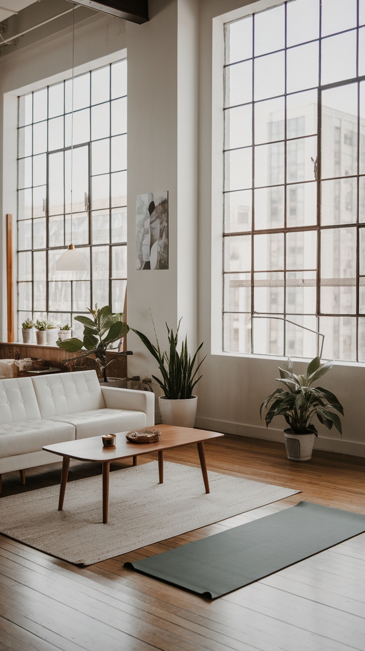 A modern urban loft featuring large windows, a white sofa, wooden furniture, and indoor plants.