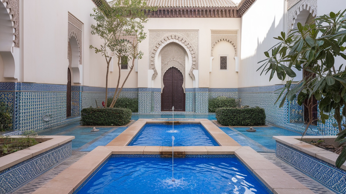 A serene Moorish courtyard with blue fountains, intricate tile work, and lush greenery.