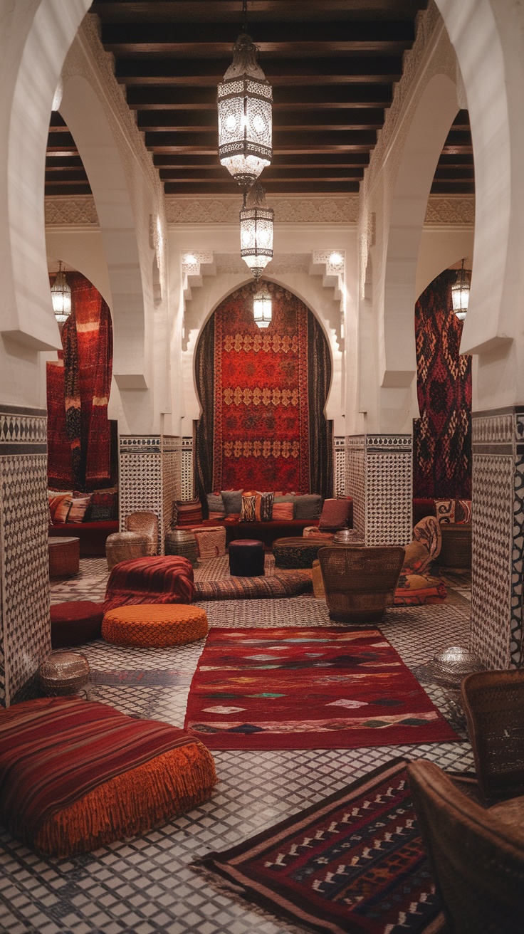 A cozy Moroccan interior with colorful cushions, intricate rugs, and warm lighting.