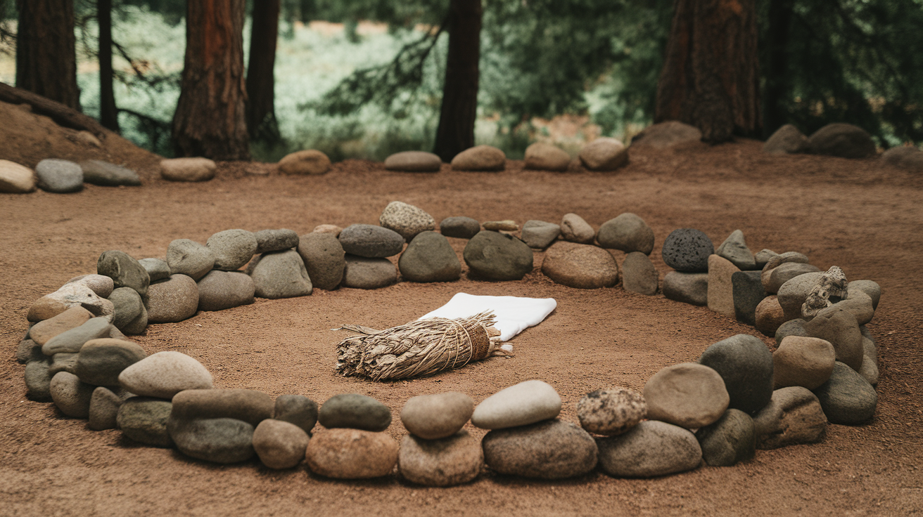 A serene Native American spirit circle made of stones in a forest setting.