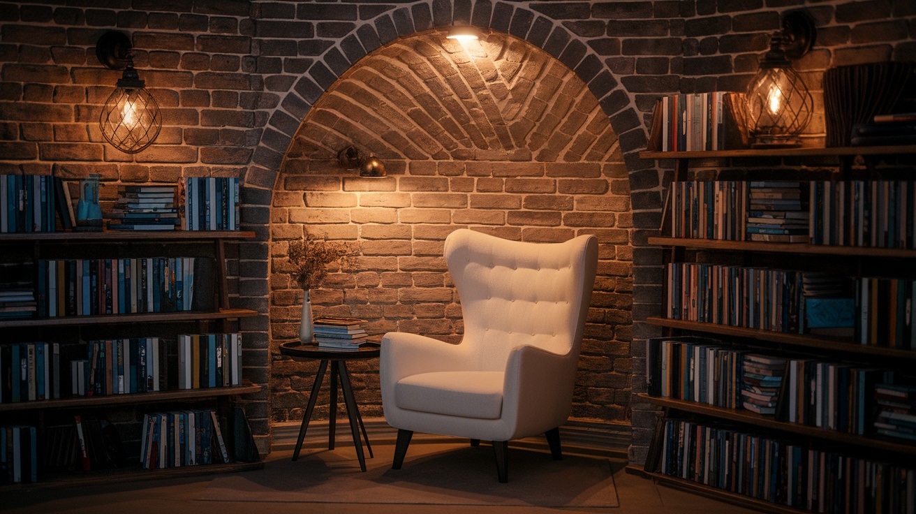 A cozy white armchair in a nook with bookshelves and soft lighting.
