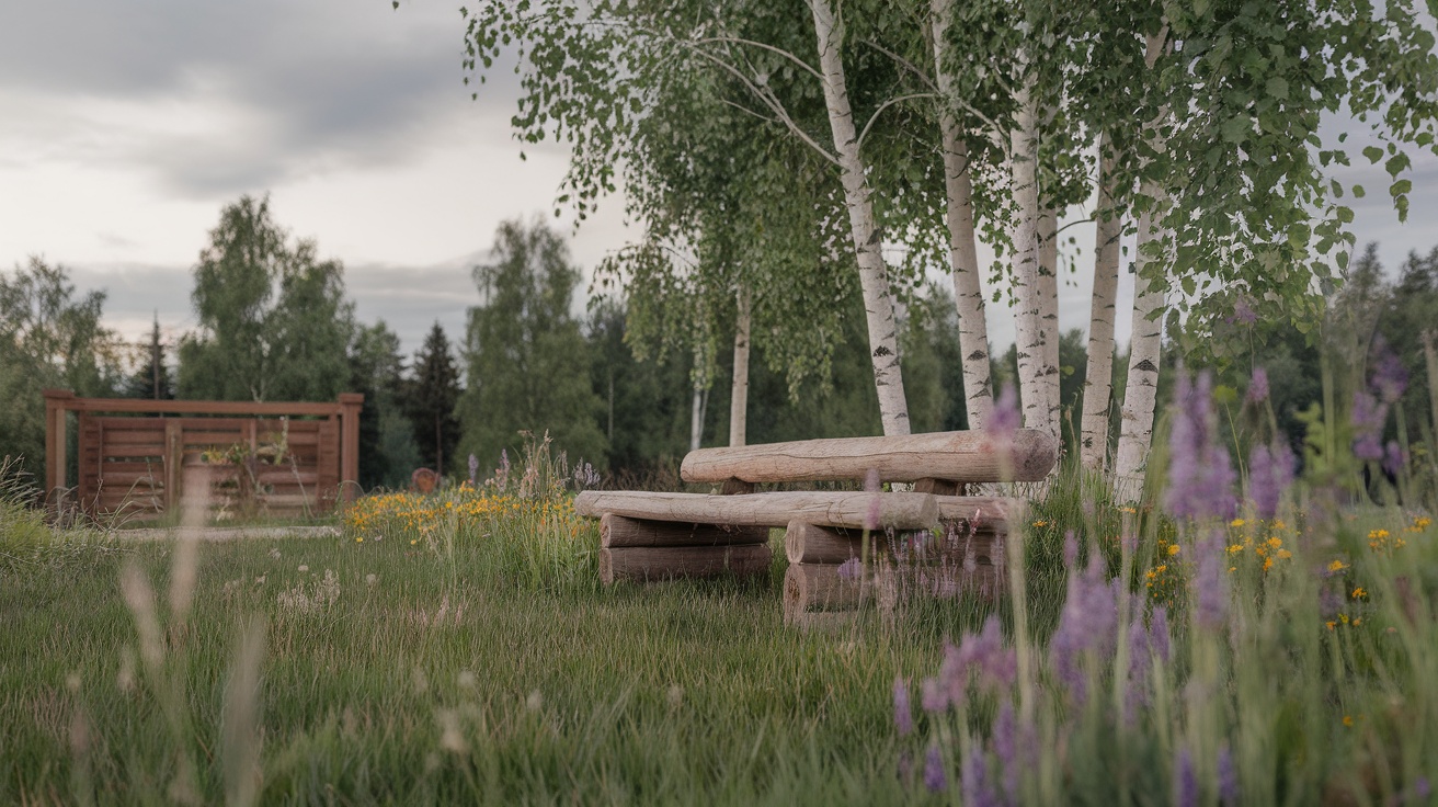 A serene Russian dacha retreat with wooden benches and flowering plants.