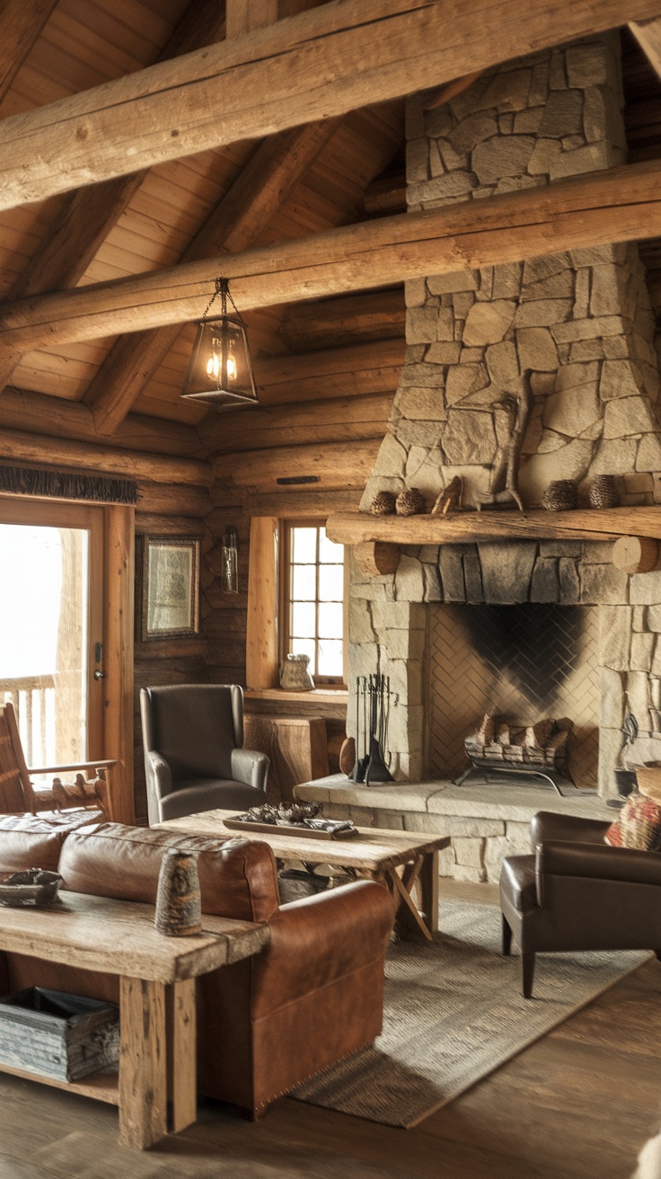 A rustic Western cabin interior featuring wooden beams, a stone fireplace, and cozy seating.