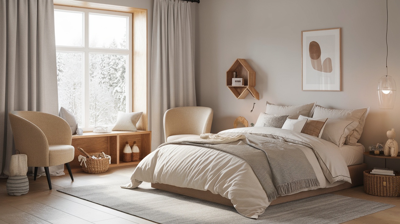 A cozy Scandinavian bedroom with soft bedding and neutral tones.