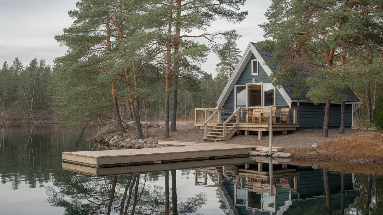 A cozy lakeside cabin surrounded by trees with a wooden dock extending over calm water.