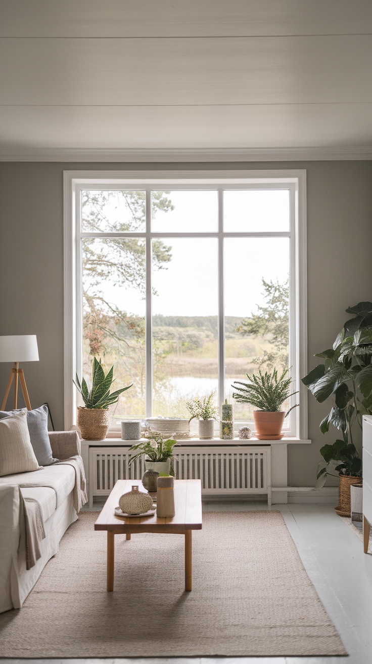A cozy Scandinavian minimalist living room with plants and natural light.