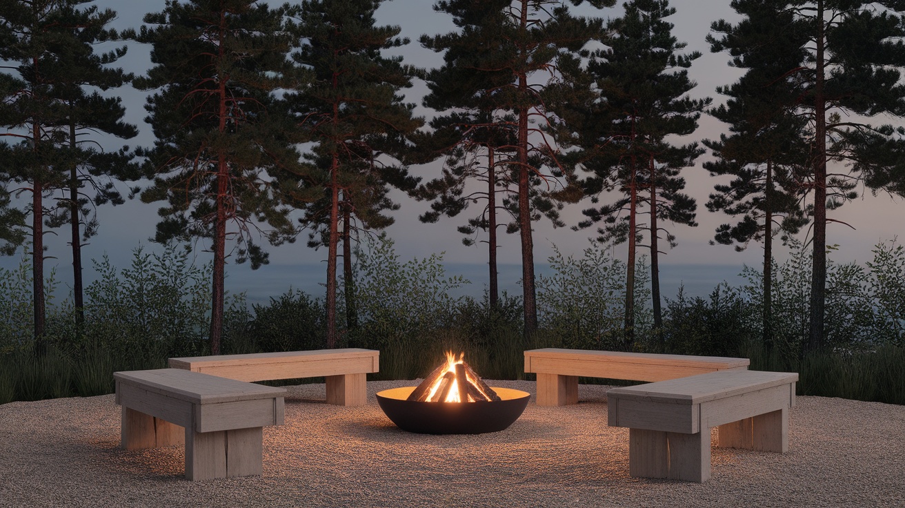 A minimalist Scandinavian backyard with a fire pit surrounded by wooden benches and trees.
