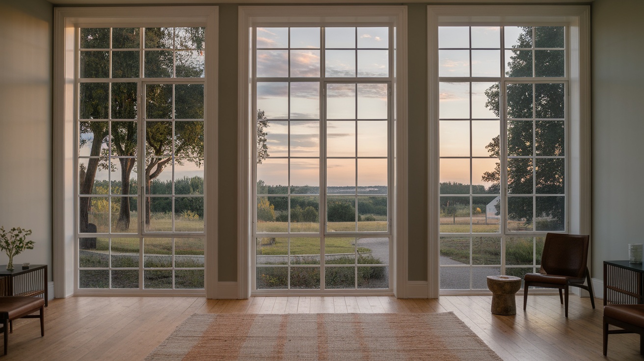 A cozy room with large white windows showcasing a scenic outdoor view.