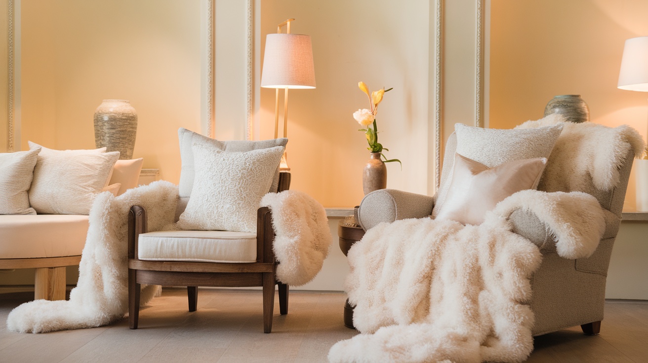 Cozy white themed room with soft pillows and throw blankets