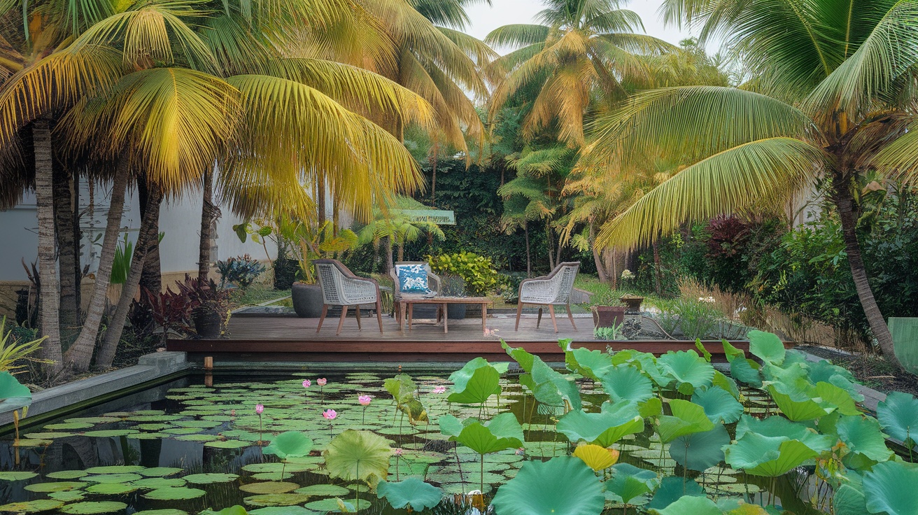 Tropical backyard retreat with palm trees and a lotus pond.